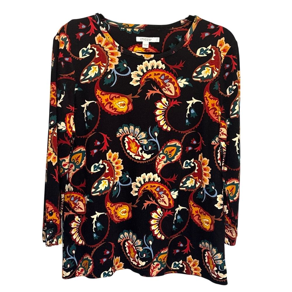 Chico's Paisley Print Long Sleeve Cotton Knit Top - size 2 (Large)